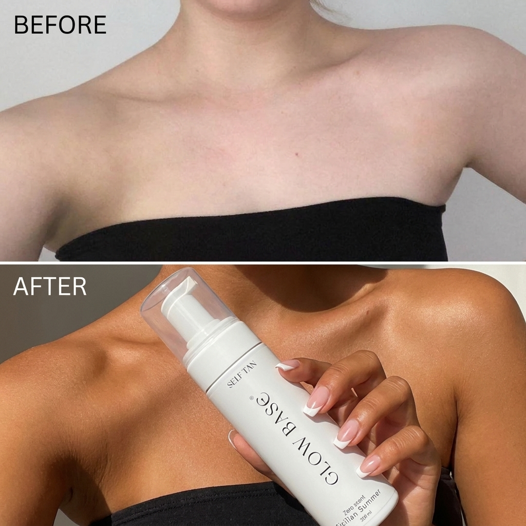 Before-and-after comparison showing a woman's bare chest skin, with the top panel labeled BEFORE and the bottom panel labeled AFTER, featuring a hand holding the Glow Base Sicilian Summer Self Tan Foam bottle.